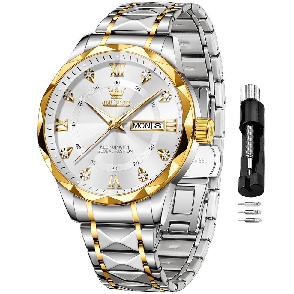 OLEVS Men's Business Watch Gold Blue with Large Easy-Read Analog Quartz Date Display Luxury Stainless Steel Band Waterproof Luminous Hands